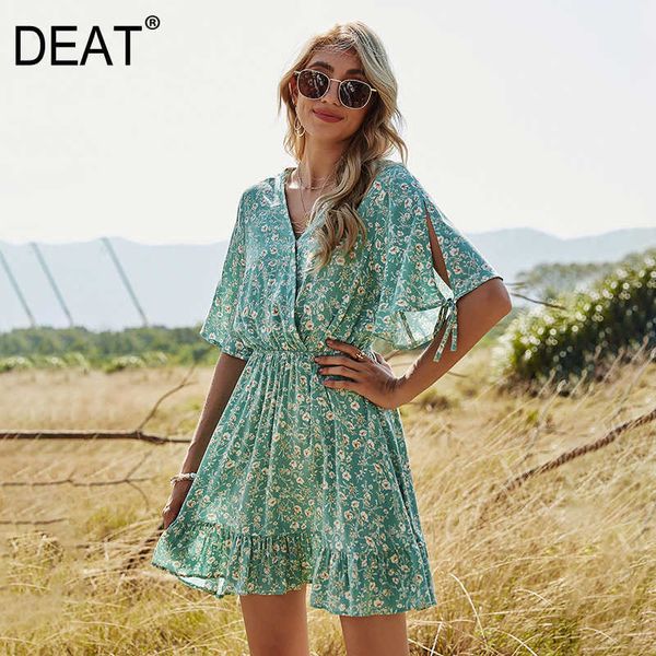 

[deat] fashion summer v-neck high waist short sleeve printing temperament elegant a-line dress women 13c640 210527, Black;gray