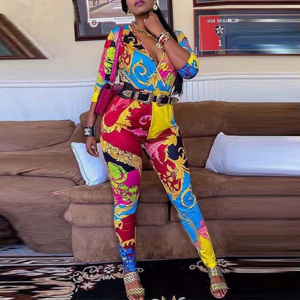 

women long sleeve vintage luxury printed jumpsuit v neck bodycon overalls long pants club party jumpsuits, Black;white