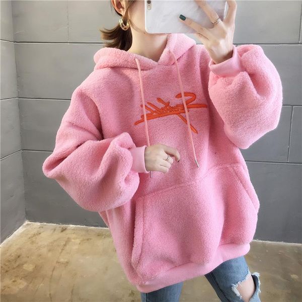 

women's hoodies & sweatshirts tfetters pink hoodie women winter clothing 2021 velvet padded hooded sweatshirt loose korean lamb plush, Black