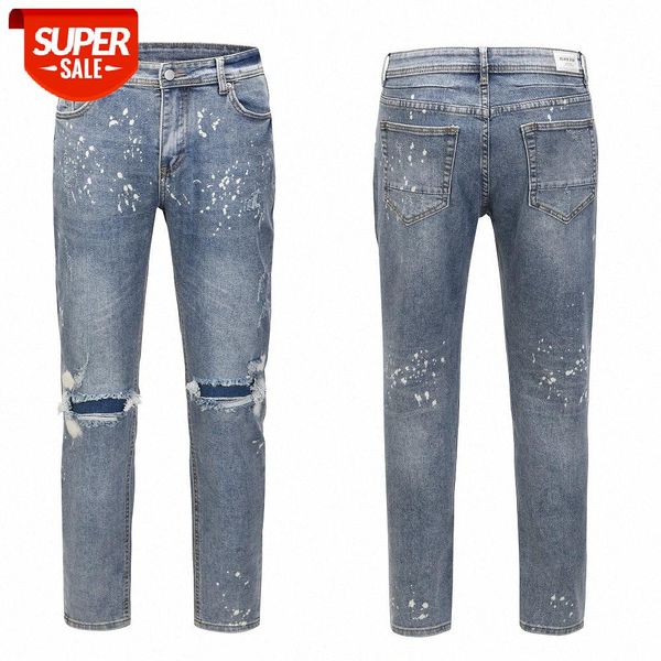 

street all-match spray paint knee hole slim jeans retro old personality trousers men #zq8q, Black