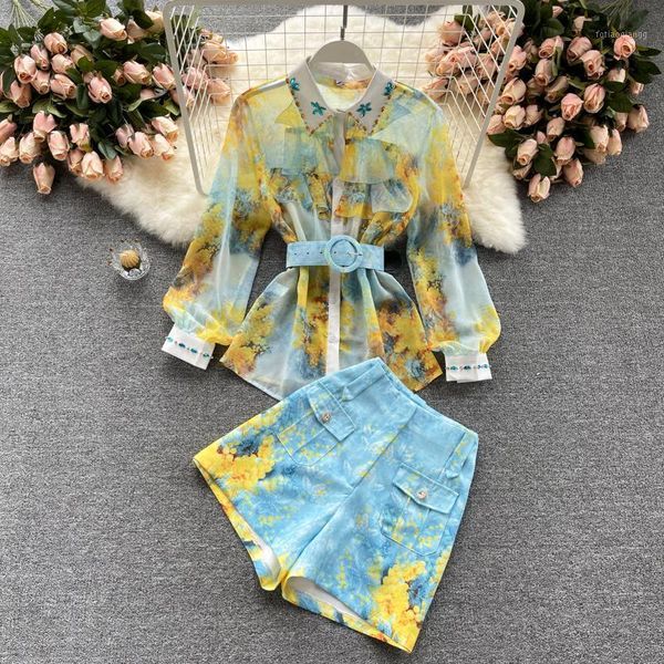 

women's tracksuits women chic two piece set summer shorts sets long sleeve chiffon shirt blouses and high-waist short fashion plus size, Gray