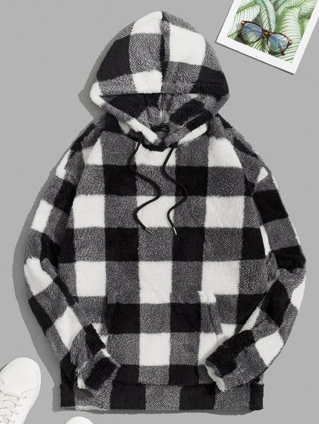 

men buffalo plaid kangaroo pocket fleece hoodie r8om#, Black