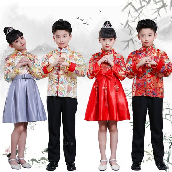 

2021 boys girls chinese new year clothes traditional dragon embroidery tang suit kids stage party festival oriental hanfu joif, Gray