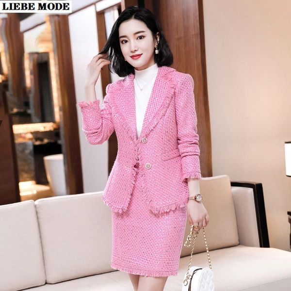 

two piece dress womens autumn winter elegant tweed suit runway 2 skirt ladies jacket coat +high waist mini pink white
