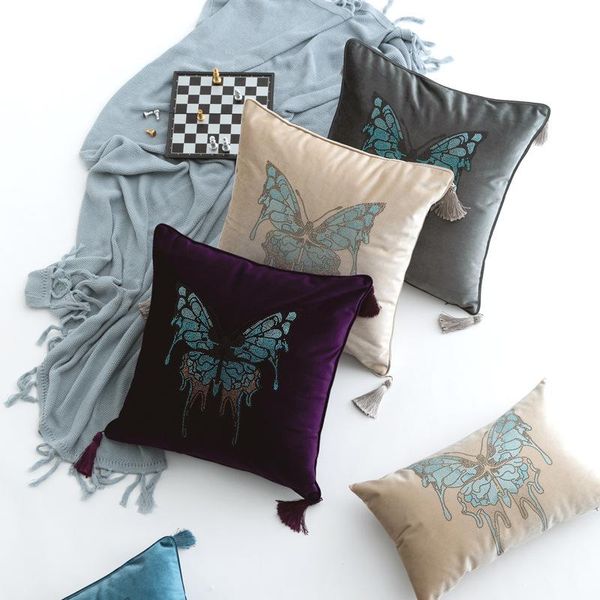 

30x50/45x45/50x50/60x60cm fix stone butterfly cushion cover sofa velvet lumbar pillowcase with tassel custom pillow cover