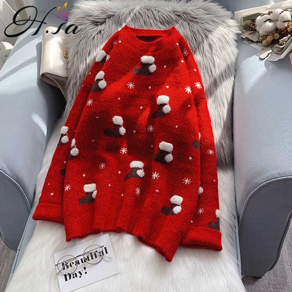 H.SA Outono Inverno Snowwear Mulheres Camisolas de Natal Puxe Jumpers Natal Meias Imprimir Soltos Suéteres Oversized Knitwear 210716