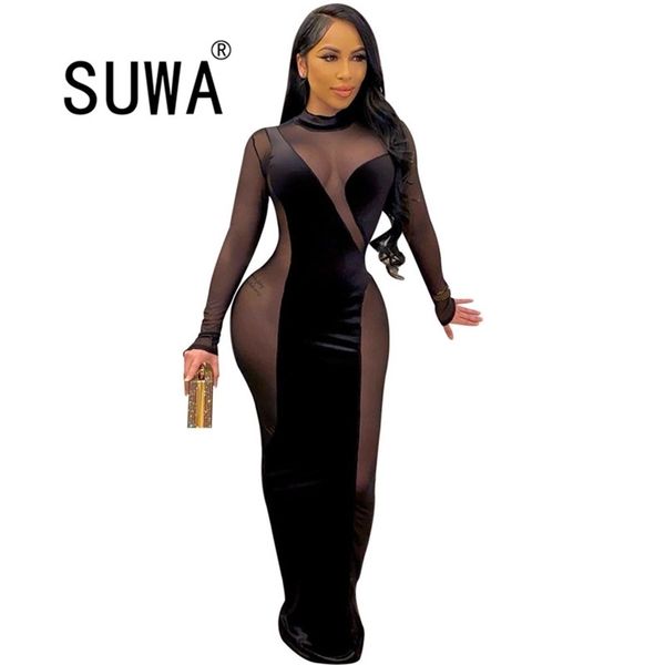 

see through mesh velvet dresses for women spring summer long sleeve bodycon midi evening party and wedding gowns 210525, Black;gray