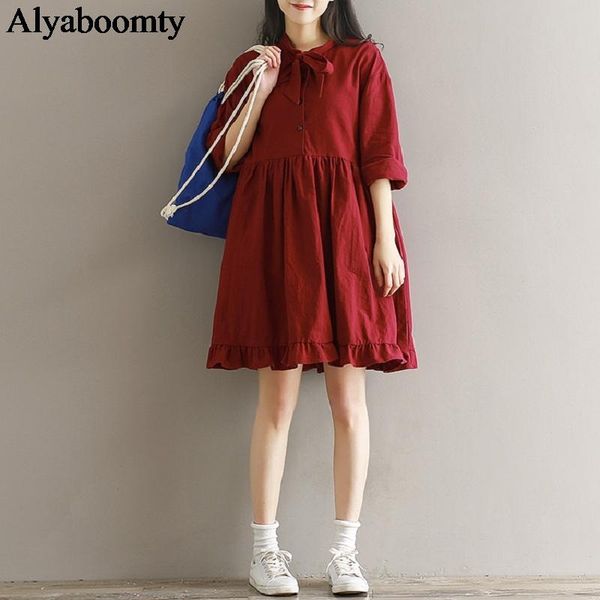 

casual dresses japanese mori girl spring autumn women kawaii dress loose wine red vestido elegant vintage cotton linen cute ruffle, Black;gray