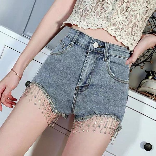 

2021 spring summer womens irregular rhinestone chain tasel stretchy denim shorts , korean slim jeans shorts for woman, White;black