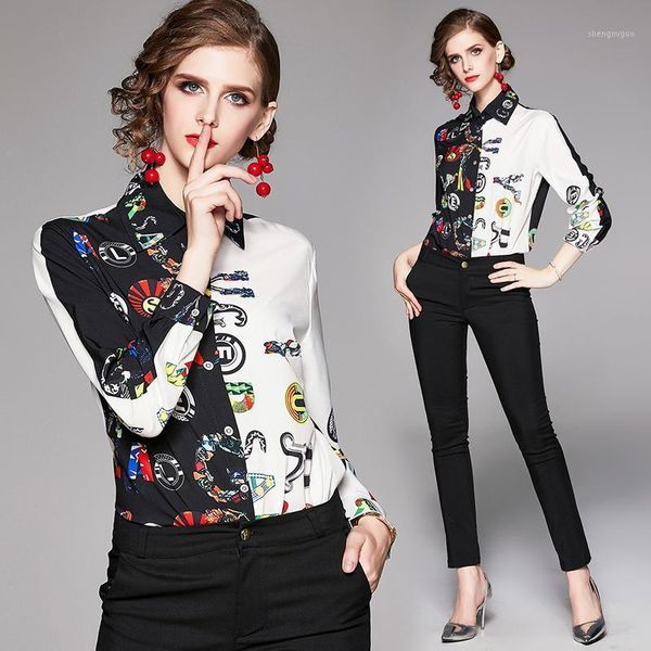 

women's blouses & shirts 2021 autumn women blouse black long sleeve office lady button print casual turn-down collar ladies, White
