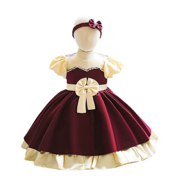 

girls dresses baby dress lace pettiskirt bow birthday party wedding princess kids clothes short-sleeved infant wear bows headbands 2pcs b900, Red;yellow