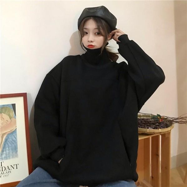 

new casual women's 2021 new autumn turtleneck women's basic pullover women's cotton christmas sweatshirts women pullovers pul, Black