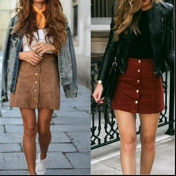 

2021 elegant women ladies fashion summer skirts high waist single breasted solid slim a line suede leather mini 2 style, Black