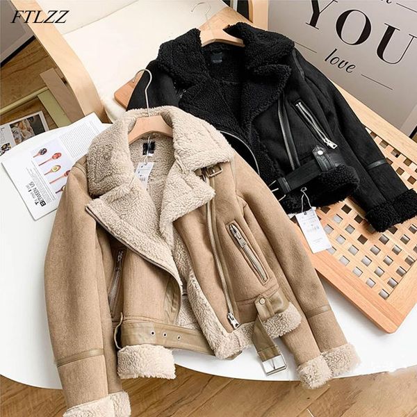 

women's leather & faux ftlzz winter thick warm vintage suede lamb jacket women moto bike coat chic sashes outwear female with belt, Black