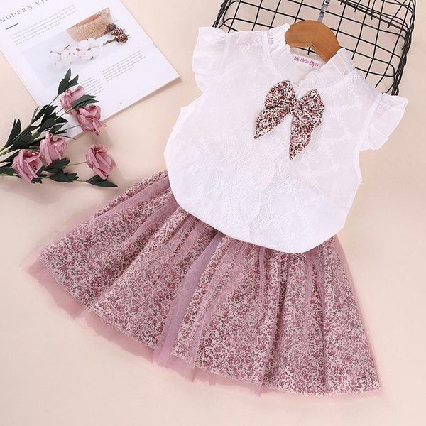 

clothing sets girls summer sweet dress toddler bowknot petals sleeve t-shirt floral mesh 2-6 years, White
