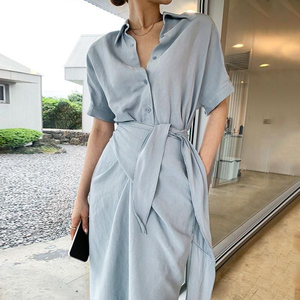 

casual dresses [ewq] korea chic summer fashion lapel single-breasted solid color wide loose shirt midi dress female 2021 16e573, Black;gray
