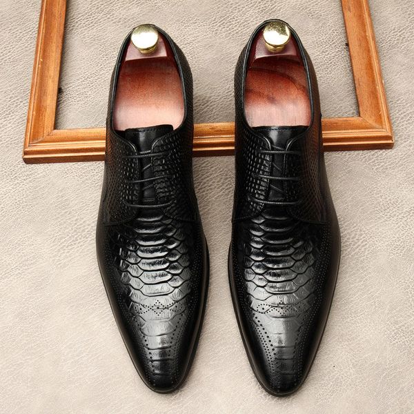 

new mens british pointed toe alligator pattern genuine leather shoes carved business dress mens oxford wedding shoes men g44, Black