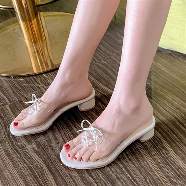 

slippers pxelena women beach flip flops transparent pvc slides med heels lady 2021 summer outdoor lace up large size 34-45, Black