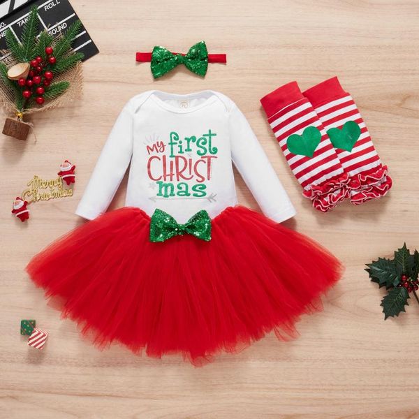 

clothing sets my first christmas clothes baby girls printed pattern romper, yarn skirt, headdress and, White