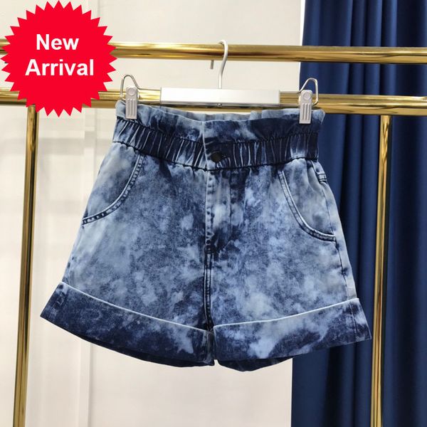 

5.27 2021 summer new women fashion high personality tie dye washed elasic waist design wide leg denim shorts, Blue
