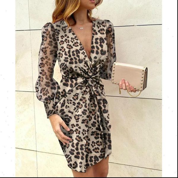 

boho sundress women lady deep v floral leopard party club knotted dresses tulle long sleeve elegant bodycon vestido summer, Black;gray