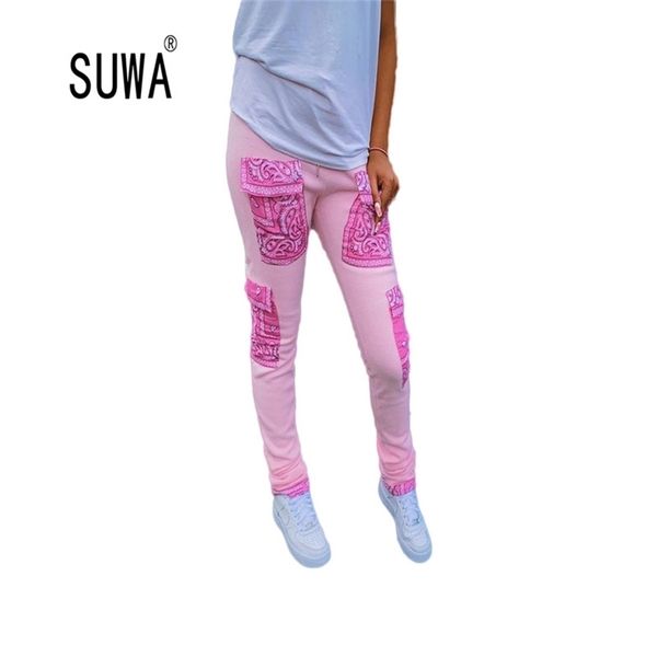 Frauen Winter Casual Hosen Rosa Plus Samt Gedruckt Eng Anliegende Tasche Hosen Jogginghose K-Pop Streetwear Großhandel 210525