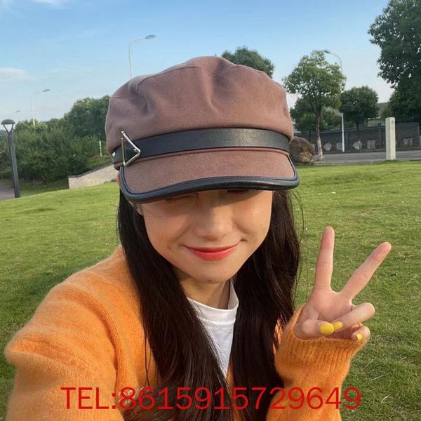 

berets hat women autumn and winter korean version versatile net red fashion design british retro beret women's leather buckle military, Blue;gray