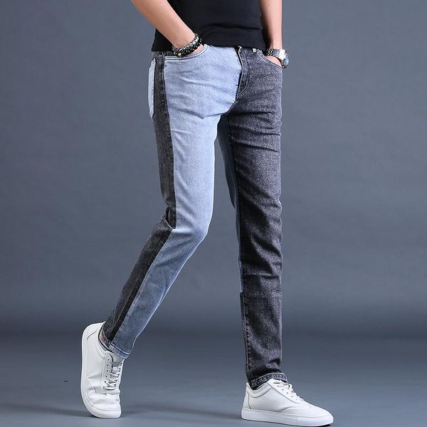 

men's jeans fashion brand 2021 slim little leg pants korean spring stitching, Blue