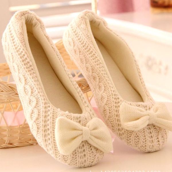 

slippers korean style bow-knot women shoes non-slip floor woolen warm comfortable female girls home for winter yoga, Black