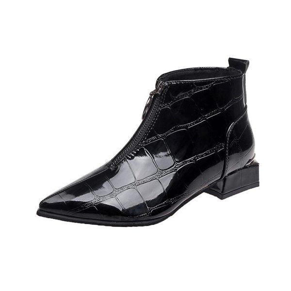 

boots winter british women black patent leather pointed toe low-heel ankle casual lady zipper shoes