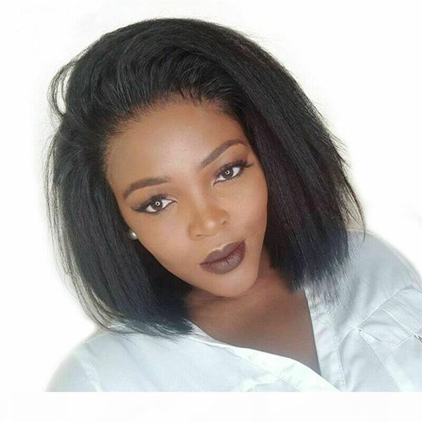 

divas brazilian u part wig short bob human hair perm yaki straight 130 density right part lace opening 1x4 for black women, Black;brown