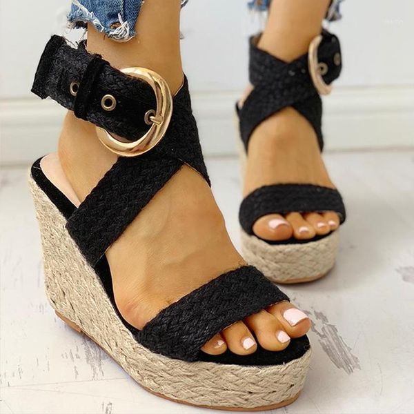 

dress shoes women summer wedges sandals buckle strap open toe cross tie ladies platform comfort gladiator high heels plus size footwear1, Black