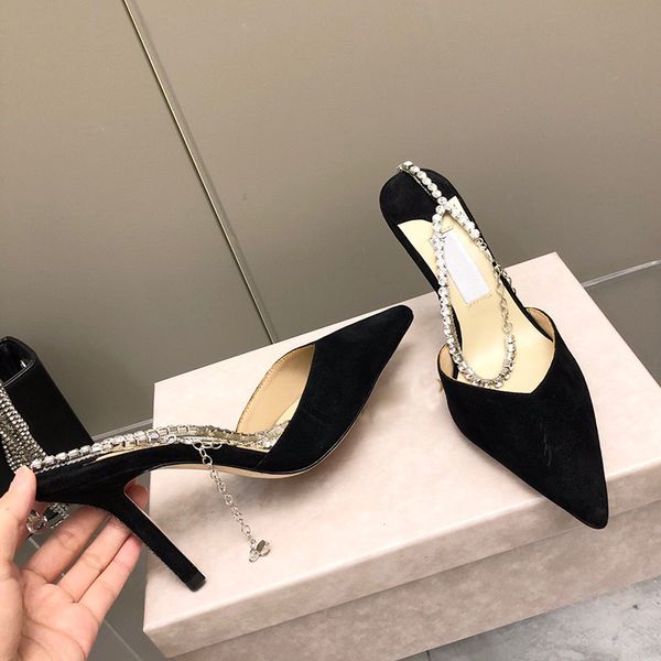 

dress shoes high heels transparent rhinestones diamond sandals shine cap toe fine tip 2022 women's summer crystal shoe, Black