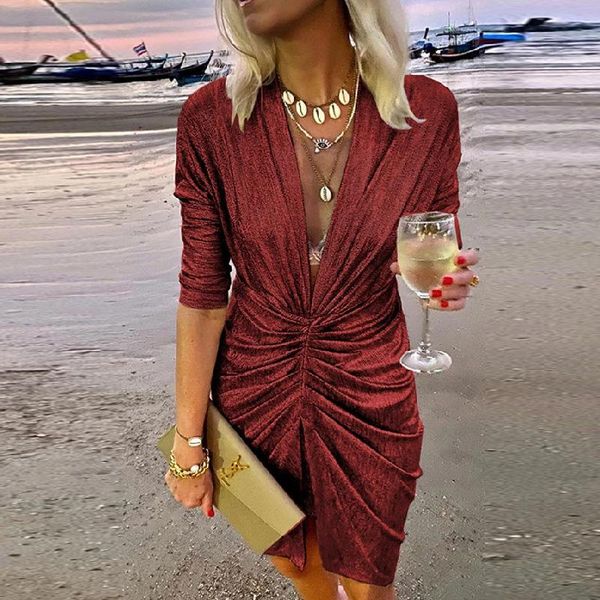 

casual dresses lady elegant long sleeve club glitter mini dress deep v neck shiny silk party women folds pleated bodycon slit, Black;gray