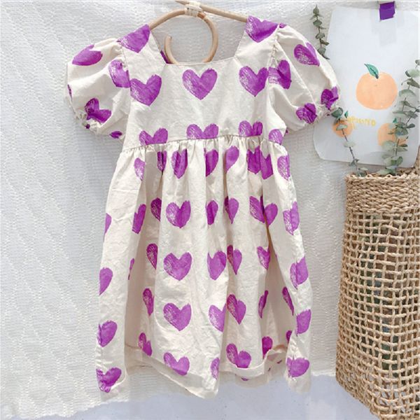 

summer girls dress children's party square collar love baby puff sleeve cute toddler clothes 210515, Red;yellow