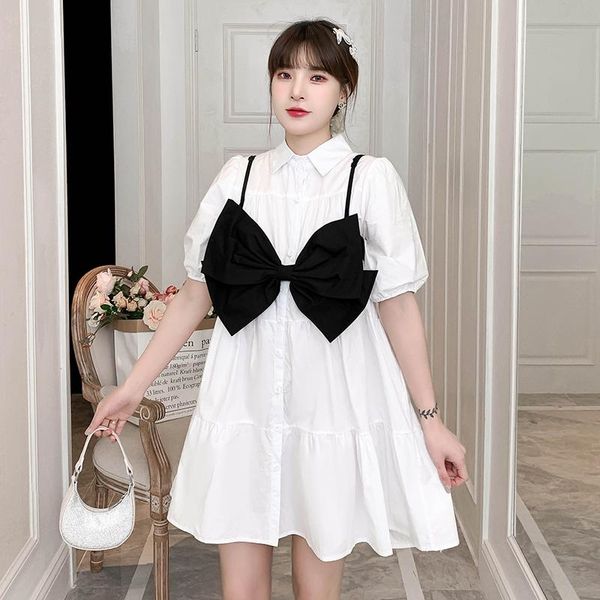 

maternity dresses 01477# dress summer short sleeves easy matching loose bow knot decoration a line pregnant women mom, White