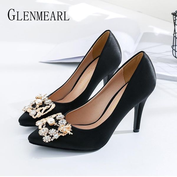 

dress shoes pumps women high heels female silk wedding pointed toe classic string bead spring autumn plus size 2021, Black