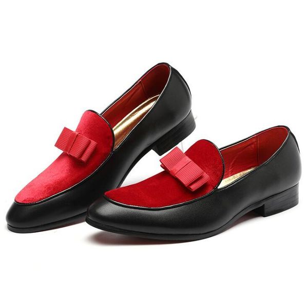 

dress shoes fad gentlemen bowknot wedding male flats casual slip on black patent leather red suede loafers men formal