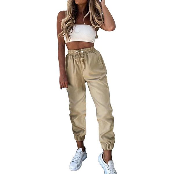 

women's pants & capris women summer solid casual slim high waist bandage joggers sweatpants streetwear femme pockets trousers korean sj, Black;white