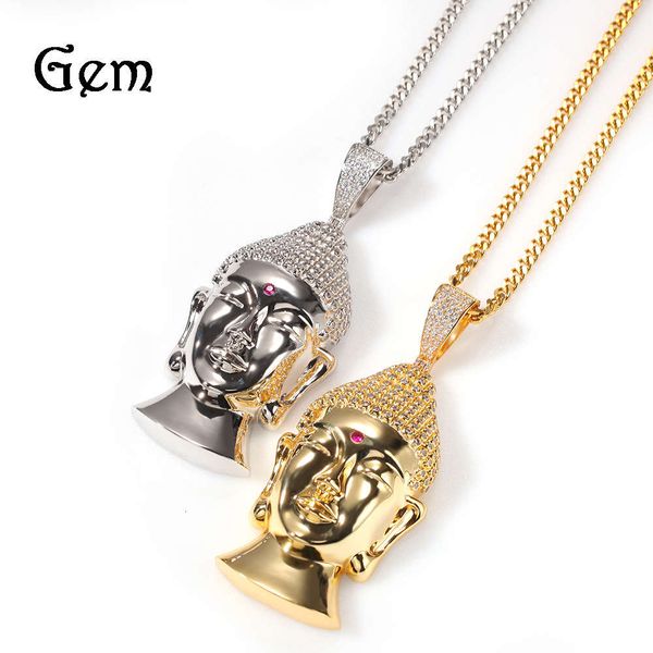 

new gold plated large buddha head pendant hip hop copper inlaid with zircon necklace, Silver