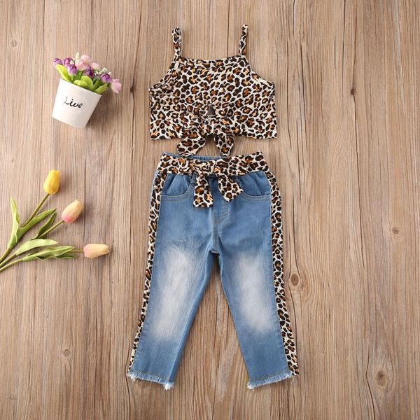 

clothing sets baby & children's 2-6years kid girls clothes leopard print sleeveless vest +denim long pants, White