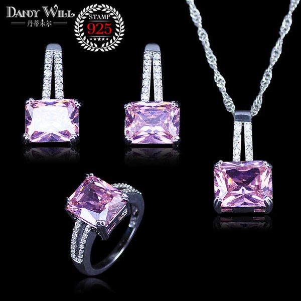 Prinzessin Rosa Kristall Weiß CZ silber farbe Schmuck Sets Für Frauen Anhänger/Creolen/Ringe/Halskette Hübscher Schmuck Für LIEBE H1022