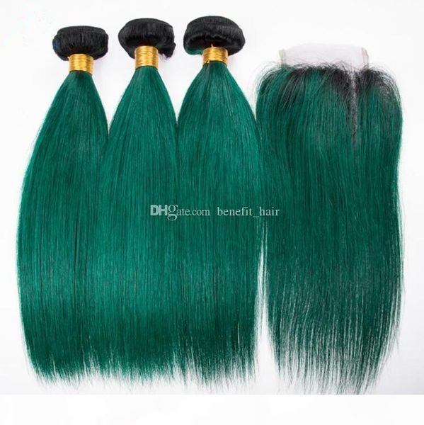 

ombre black dark green hair 3 bundles with 4x4 closure silky straight virgin human hair weft extension with 1b green closure 4x4, Black;brown