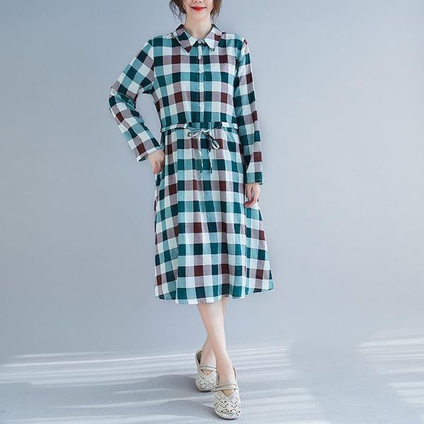 

casual dresses wllwlp 2021 spring long sleeve printed medium length large size dress women's loose plaid lace-up a038, Black;gray