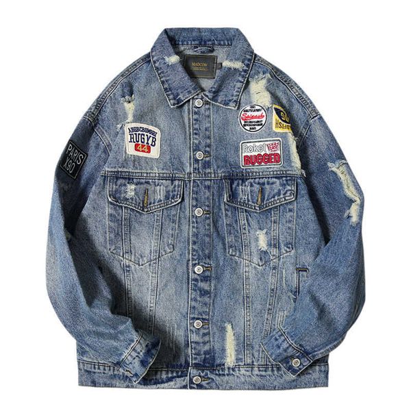 

men's jackets fashion streetwear retro blue patches designer ripped denim jacket men cotton coats ly hip hop chaqueta ijxr 2qyb, Black;brown