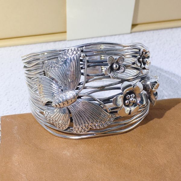 

2021 new s999 pure sier butterfly love flower wide hand-woven bracelet for women retro exaggerated ethnic style mother gift cqz0, Black