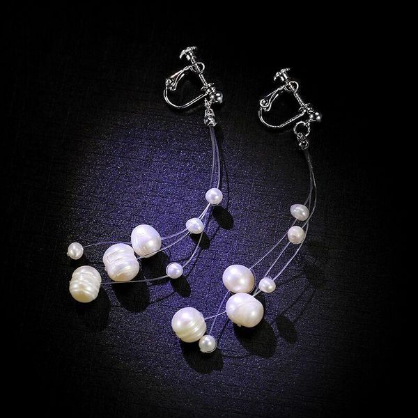 

clip-on & screw back long chain korean clip earrings with no hole jewelry for bridal wedding party women simulated pearl bijoux, Silver