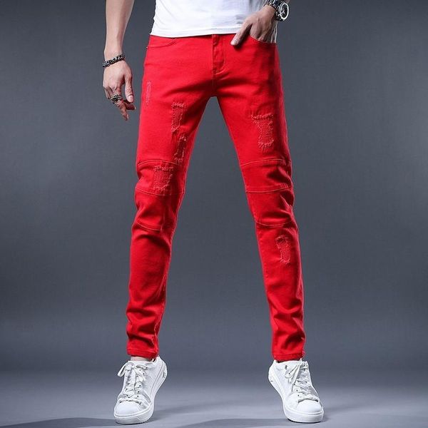 

men's jeans slim fit red denim fashion korea style clothing hole white skinny, Blue