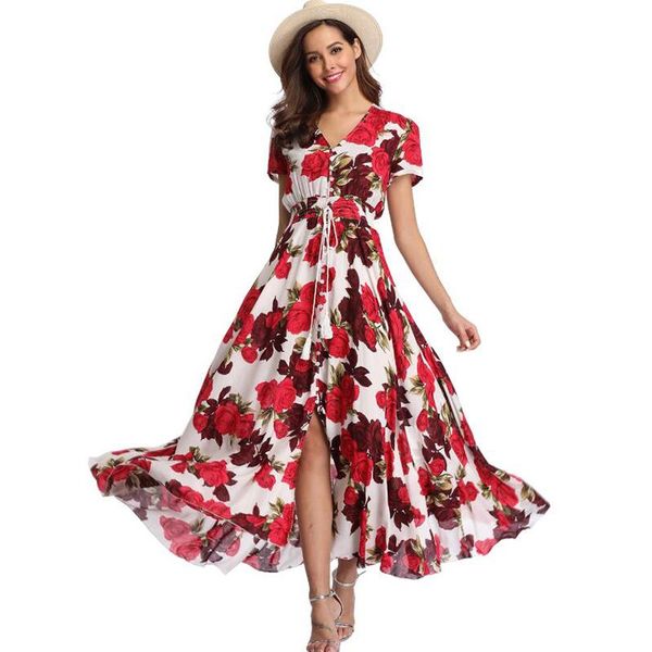 

party dresses witbuy bohemian print woman summer maxi dress v neck draw string lady short sleeve with button elegant sundress for women 2021, White;black