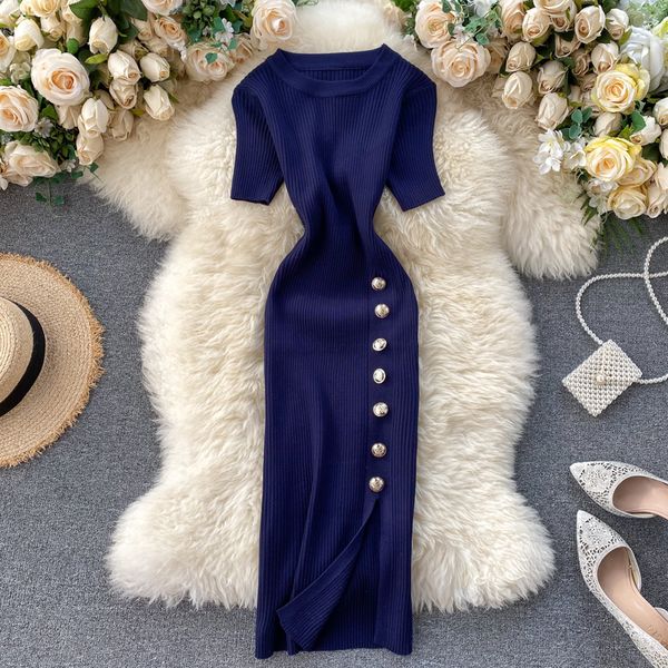 

2021 new vintage spring slim button split bodycon knitted midi summer party women casual knee length club sheath es 8vhl, Black;gray